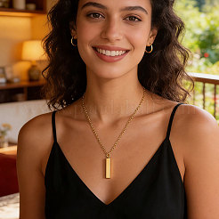 Collier pendentif rectangulaire en acier inoxydable 201/fer recouvert de laiton&nbsp;NJEW-CO0001-01