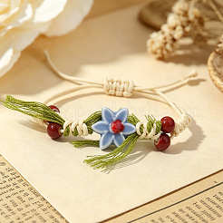 Braccialetti da donna regolabili con fiori in porcellana fatti a mano e cordino in poliestere intrecciato con perline.&nbsp;WG32CA4-02