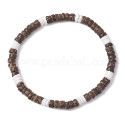 2 bracelet extensible en perles rondes plates en noix de coco naturelle et coquillage blanc&nbsp;BJEW-JB12460