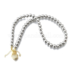 Halsketten mit runden Perlen und Herzanhänger aus Messing mit Mikropflaster und klarem Zirkonia für Damen&nbsp;NJEW-D314-07PG