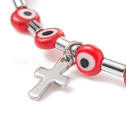 Malocchio a lume e bracciale elasticizzato con perline a colonna in acciaio inossidabile con ciondolo a croce per donna&nbsp;BJEW-JB08601