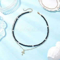 Collar con colgante de doble capa de cuentas redondas facetadas de vidrio de cuarzo cereza y cadena satelital de acero inoxidable 304.&nbsp;NJEW-JN05510-01