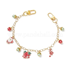 Lega smaltata babbo natale campanella di natale bastoncino di zucchero ciondolo in ottone catena portacavi catene decorative&nbsp;AJEW-BA00170