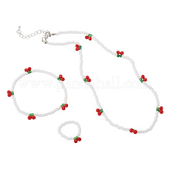 Halsketten & Armband & Fingerring-Sets aus Kirschglasperlen für Damen&nbsp;SJEW-TA0001-08