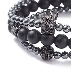 3 pièces 3 style rond synthétique noir pierre et hématite perlé ensemble de bracelets extensibles&nbsp;BJEW-JB07688-02