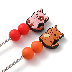 12 perle en silicone en forme de chat (12 styles différents) avec aiguilles à tricoter en acier inoxydable&nbsp;AJEW-ME00026