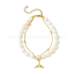 Multi-Strang-Armbänder, mit natürlichen Perlen, 304 Edelstahl Karabinerverschlüsse, Chass Whale Tail Form Charms & Kabelketten, golden, creme-weiß, 19 Zoll (7-1/2 cm)