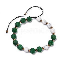 Nylon regolabile bracciali intrecciati cavo di perline, con perline di vetro, perle rotonde di roccia lavica naturale (tinte) e perle sintetiche di howlite, verde scuro, diametro interno: 2-1/8 pollice ~ 3-3/8 pollici (5.5~8.5 cm)