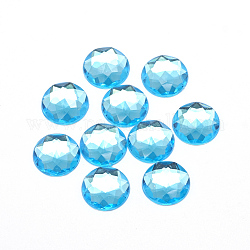 Acrílico Diamante de imitación plana espalda cabujones, facetados, plateado inferior, medio redondo / cúpula, cian, 8x3mm