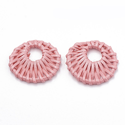 Handmade Spray Painted Reed Cane/Rattan Woven Pendants, For Making Straw Earrings and Necklaces, Dyed, Pearlized Effect, Flat Round, Flamingo, 39~43x5~5.5mm, inner diameter: 12~13mm
