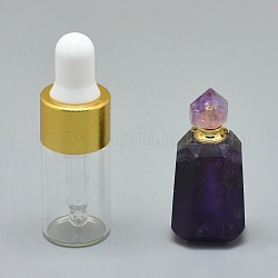多面的な天然アメジスト開閉可能な香水瓶ペンダント  真鍮のパーツとガラスのエッセンシャルオイルのボトル  30~40x14~18x11~14mm  穴：0.8mm  ガラス瓶容量：3ml（0.101液量オンス）  宝石の容量：1ml（0.03液量オンス）