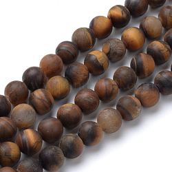 Natural Tiger Eye Round Bead Strands, Frosted Style, 10~10.5mm, Hole: 1.2mm, about 37~40pcs/strand, 14.9~15.1 inch(38~38.5cm)