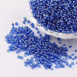 Perles de rocaille en verre rondes, trans. couleurs lustered, bleu, taille: environ 2mm de diamètre, Trou: 1mm, environ 3306 pcs/50 g