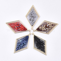 Polyester Thread Woven Big Pendants, with Glass and Golden Plated Alloy Findings, Long-Lasting Plated, Rhombus, Mixed Color, 55.5x31x4mm, Hole: 1.8mm