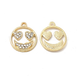 Alloy Crystal Rhinestone Pendants, Flat Round Charms with Smiling Face, Nickel, Light Gold, 19.5x16x1.5mm, Hole: 1.8mm