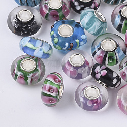 Handgemachte glasperlen murano glas großlochperlen, Großloch perlen, mit versilberten Messing-Einzelkernen, Rondell, Mischfarbe, 14x7.5 mm, Bohrung: 4 mm