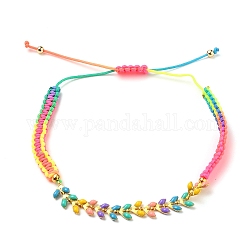 Adjustable Nylon Thread Braided Bead Bracelets, with Leaf Brass Enamel Links and Brass Round Beads, Colorful, Real 18K Gold Plated, Inner Diameter: 2-1/4~3-3/8 inch(5.8~8.5cm)