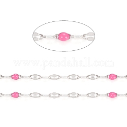 Handmade 304 Stainless Steel Dapped Chains, Cable Chains, with Enamel and Spool, Soldered, Flat Oval, Long-Lasting Plated, Hot Pink, 3x1.5x0.1~1mm, about 32.8 Feet(10m)/roll