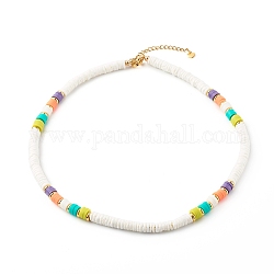 Beaded Necklaces, with Polymer Clay Heishi Beads, Natural White Shell Beads and Brass Beads, Colorful, Golden, 16.73 inch(42.5cm)
