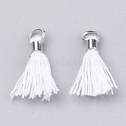 Decorazioni con pendente in nappa in cotone polycotton (poliestere), mini fiocco, con accessori di ottone, platino, bianco, 10~15x3~4mm, Foro: 2 mm