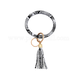 Porte-clés bracelet en similicuir pu motif peau de serpent, porte-clés bracelet avec pompon et anneau en alliage, blanc, 200x100mm
