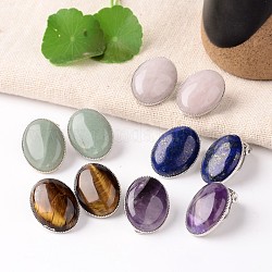 Natural Mixed Stone Oval Clip-on Earrings, with Platinum Plated Brass Findings, 21x15mm