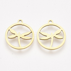 201 Stainless Steel Pendants, Laser Cut Pendants, Flat Round with Dragonfly, Golden, 16.5x14.5x1mm, Hole: 1.4mm