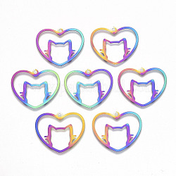 Ion Plating(IP) 201 Stainless Steel Pendants, Etched Metal Embellishments, Heart with Cat, Rainbow Color, 26x30x0.3mm, Hole: 2mm
