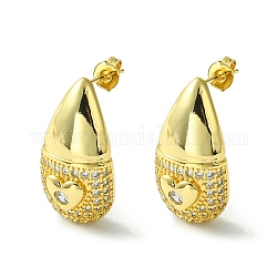 Brass with Cubic Zirconia Studs Earrings, Teardrop with Heart, Real 16K Gold Plated, 26x13.5mm