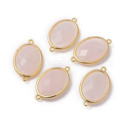 Connecteurs de liens en quartz rose en laiton doré, facette, ovale, 26x15x6mm, Trou: 1~2mm