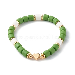 Handgemachte Polymer Clay Perlen Stretch Armbänder, mit Messing-Perlen, Herz, olivgrün, Innendurchmesser: 2~2-1/8 Zoll (5.2~5.3 cm)
