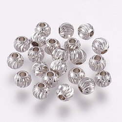 Brass Beads, Round with Corrugated, Platinum, 7x6mm, Hole: 2mm