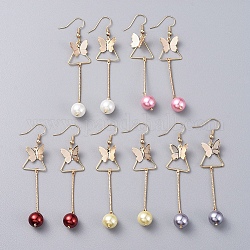 Pendentifs d'oreilles, avec des perles rondes de perles de verre, Liens de la barre de fer, pendentif en laiton et crochets de boucles d'oreilles, papillon & triangle, couleur mixte, 77mm, pin: 0.7 mm