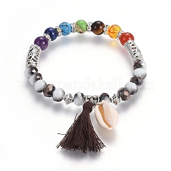 Bijoux chakra, pendentifs de fil de coton bracelets extensibles, avec des perles de pierre naturelles et synthétiques mélangées, Perles en verre, accessoires de coquille et d'alliage de cauris, noir, 2-1/4 pouce (5.8 cm)