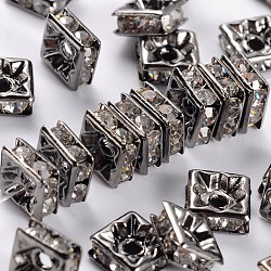 Abalorios de latón Diamante de imitación espaciador, Grado A, gunmetal, cuadrado, cristal, 6x6x3mm, agujero: 1 mm