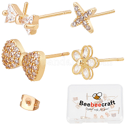 Beebeecraft 8Pcs 4 Style Brass Cubic Zirconia Stud Earring Findings, with 8Pcs Brass Ear Nuts, Bowknot & Star & Flower, Golden, 6.5~10x6~12mm, Pin: 0.5~0.8mm, 2pcs/style