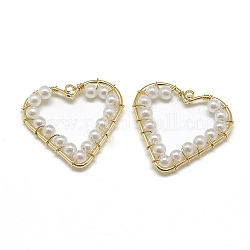Colgantes de perlas de imitación de plástico abs, con fornituras de latón, corazón, real 18k chapado en oro, 28.5x30x4mm, agujero: 1 mm