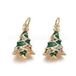 Ciondoli di zirconi in ottone, con smalto e anello per saltare, albero di Natale, verde, oro, 18.5x11x3mm, Foro: 3 mm