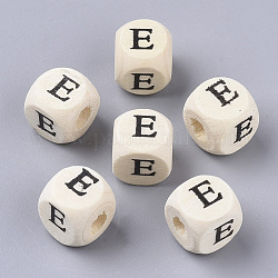 Perles de bois naturel imprimées, trou horizontal, cube avec la lettre initiale, papayawhip, letter.e, 10x10x10mm, Trou: 3.5mm