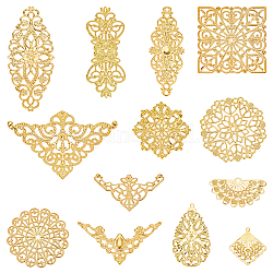 Kit per la ricerca di gioielli fai da te di sunnyclue, inclusi falegnami e pendenti in filigrana di ferro da 104 pz 13 stili, abbellimenti in metallo acidato, fiore, quadrato e rombo, oro, 27~80.5x26~76x0.5~2mm, Foro: 1.4~3 mm, 8pcs / style