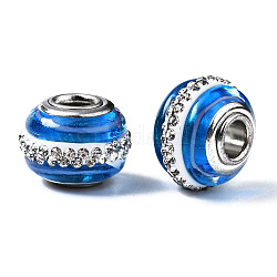 Perles européennes vernissées manuelles, avec strass en pâte polymère, perles de rondelle avec grand trou , en laiton de tonalité de platine noyaux doubles, rondelle, Dodger bleu, 14x11mm, Trou: 4.5mm