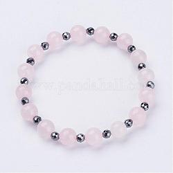 Natural Rose Quartz Stretch Bracelets, with Faceted Non-Magnetic Synthetic Hematite Beads, 2-1/4 inch(57mm)