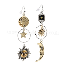 Alloy Moon & Sun & Star Asymmetrical Earrings, Tassel Long Drop Dangle Earrings for Women, Antique Silver & Antique Golden, 72mm, Pin: 0.7mm