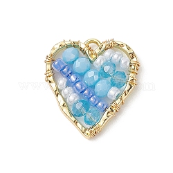 Pendentif en perles de verre et graines du japon, avec de vrais accessoires en alliage plaqué 18k or véritable, cœur, bleu ciel, 22.5x21x4mm, Trou: 1.5mm