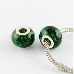 Perles européennes en verre peint, avec noyau en laiton plaqué couleur argent, Perles avec un grand trou   , rondelle, verte, 14~15x11mm, Trou: 4.5~5mm