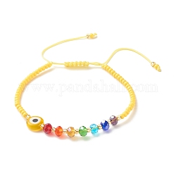 Bracelet de perles tressées au chalumeau plat rond mauvais œil, Bracelet réglable en perles de verre pour femme, jaune, diamètre intérieur: 2-3/8~4-1/8 pouce (5.9~10.4 cm)