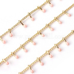 3.28 Fuß handgefertigte Emaille-Perlenketten, mit Messing-Panzerketten, gelötet, langlebig plattiert, echtes 18k vergoldet, peachpuff, 5.5x1.5~2 mm