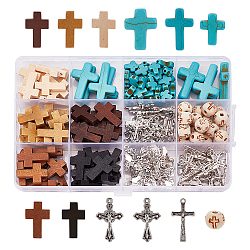 arricraft 170 Pcs Cross Jewelry Making Kits, Mixed Color Wood Cross Pendants Including Synthetic Turquoise Beads Wood Beads Pendants Alloy Pendants for Necklace Earring Bracelet Jewelry Making