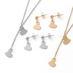 304 Stainless Steel Cable Chains Pendant Necklaces and Stud Earrings Sets, with Lobster Claw Clasps and Ear Nuts, Heart, Mixed Color, 17.51~17.71 inch(44.5~45cm), 18.5mm, Pin: 0.7mm