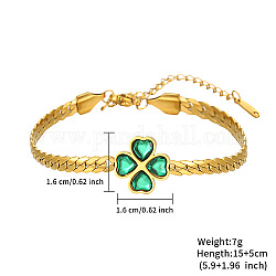 Cubic Zirconia Clover Link Bracelet, with Golden Stainless Steel Cuban Link Chains, Golden, 5-7/8 inch(15cm)